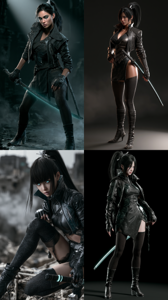 full-body portrait of a stunningly beautiful young female swordswoman, cg style, 3d photorealistic, unreal engine 5 render, high detail, cinematic lighting. she has an icy cold gaze, piercing silver-grey eyes with a hint of blue, sharp angular jawline, high cheekbones, flawless pale skin, exquisite facial features, long black hair tied in a high ponytail with a silver hairpin, few loose strands framing her face. she wears a sleek black combat tunic with dark metallic armor plates, high-collared black leather jacket with silver zippers, black fingerless gloves, black thigh-high stockings with subtle texture, black knee-high combat boots with metal heels. she stands in a dynamic battle-ready stance, right hand resting on the hilt of a long katana, blade partially drawn glowing with faint cyan energy. background is a dark ruined cityscape with volumetric fog and dramatic rim lighting from a low-angle spotlight. cinematic depth of field, sharp focus on face and sword, 8k, hyperdetailed, ray tracing, moody atmosphere, dark fantasy aesthetic