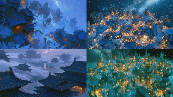 top-down aerial overhead shot, grand clustered ancient chinese celestial palaces, blue glazed tile roofs carved with golden dragon patterns, elaborate dougong and upturned eaves, numerous floating cloud islands connected by carved jade arch bridges, winding mist lingering in valley gaps between clouds, tranquil fairy lake reflecting twinkling stars and palace outlines, boundless starry sky with glowing milky way and faint nebula, warm golden lamplight spilling from palace doors and windows,
