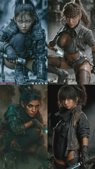 full-body portrait of a stunningly beautiful young female swordswoman, cg style, 3d photorealistic, unreal engine 5 render, high detail, cinematic lighting. she has an icy cold gaze, piercing silver-grey eyes with a hint of blue, sharp angular jawline, high cheekbones, flawless pale skin, exquisite facial features, long black hair tied in a high ponytail with a silver hairpin, few loose strands framing her face. she wears a sleek black combat tunic with dark metallic armor plates, high-collared black leather jacket with silver zippers, black fingerless gloves, black thigh-high stockings with subtle texture, black knee-high combat boots with metal heels. she stands in a dynamic battle-ready stance, right hand resting on the hilt of a long katana, blade partially drawn glowing with faint cyan energy. background is a dark ruined cityscape with volumetric fog and dramatic rim lighting from a low-angle spotlight. cinematic depth of field, sharp focus on face and sword, 8k, hyperdetailed, ray tracing, moody atmosphere, dark fantasy aesthetic