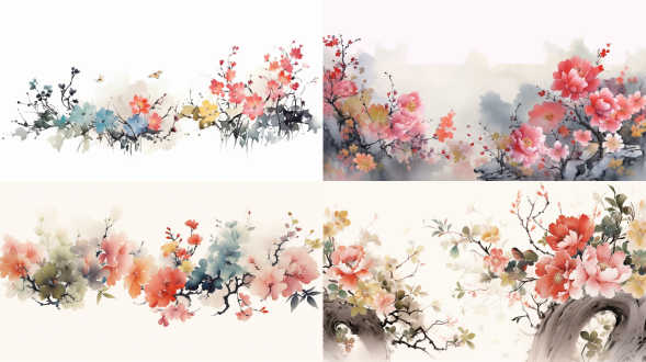 水墨风格中国十二花令花卉，梅花、杏花、桃花、牡丹、石榴、荷花、玉簪、桂花、菊花、芙蓉、山茶、水仙，传统构图，留白意境，细腻笔触，淡雅色彩，宣纸纹理，古典雅致，柔和光影，静物特写，禅意氛围，国画质感，层次分明，典雅端庄。