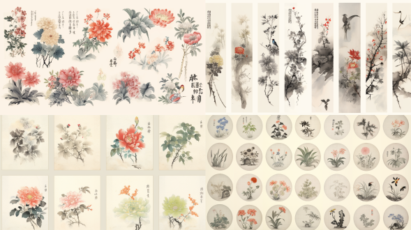 水墨风格，中国12花令对应花朵，12朵单独展示，淡雅色调，工笔细节，宣纸纹理，留白构图，传统国画风格，细腻线条，柔和晕染，每朵花独立画面，梅花、杏花、桃花、牡丹、石榴、荷花、玉簪、桂花、菊花、芙蓉、山茶、水仙，古典韵味，优雅宁静，水墨淡彩。