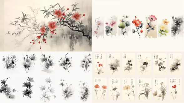 中国十二花令对应花卉，水墨风格，十二朵花单独展示依次排列，统一背景，淡雅墨色，细腻笔触，留白构图，传统花鸟画风格，轻柔水彩渲染，古典雅致，简约布局，层次分明，流畅线条，自然过渡，柔和光影，淡墨晕染，优雅恬静。