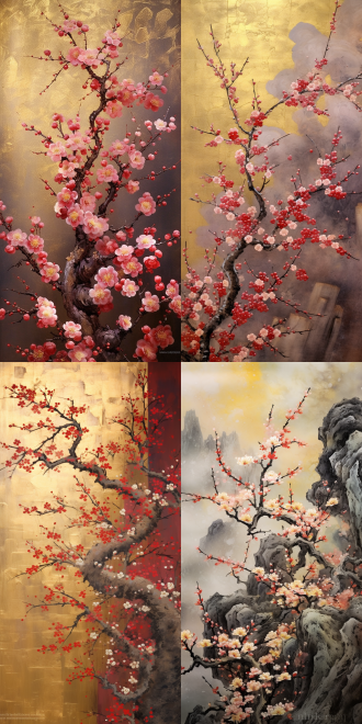 梅花盛开，金箔岩彩画，祥云缭绕，鎏金点缀，东方意境，梦幻风格，工笔重彩，极简构图，暖金色调，细腻纹理，柔和光线，静谧氛围，高贵典雅，仙气飘渺，装饰性笔触，传统美学