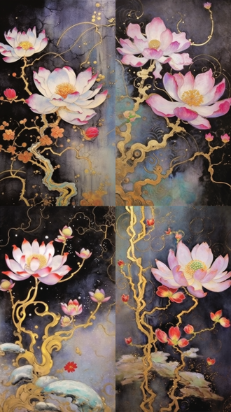 梅花绽放，金箔岩彩画风格，东方意境，祥云环绕，鎏金点缀，梦幻氛围，对角线构图，细腻笔触，暖金色调，柔和光影，花瓣轻盈，枝干苍劲，传统元素，华丽细节，朦胧背景，禅意深远，宁静优雅，高贵神秘，浮世绘影响，工笔画法