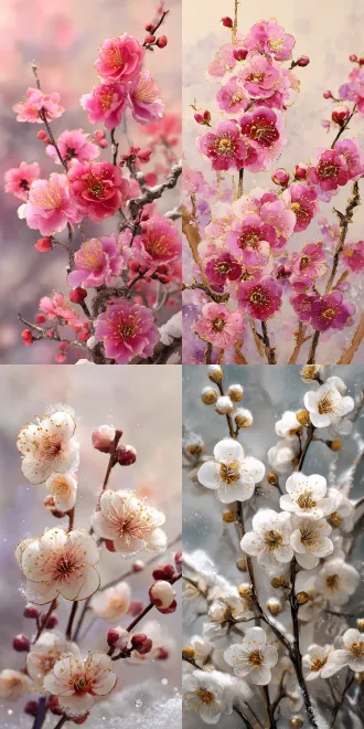 梅花盛开，东方水墨意境，花朵边缘鎏金，枝条纤细带鎏金纹路，雪中傲立，淡雅柔光，浅景深，特写镜头，中国传统画风，温暖与冷冽对比，高贵典雅，宁静深远