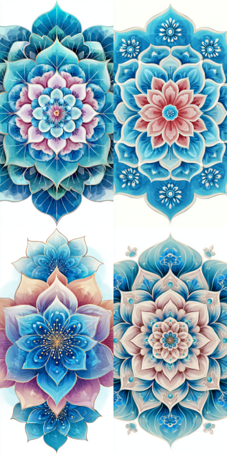 "荷花花纹设计，透明背景，层次分明，对称构图，优雅曲线，淡雅色调，水彩风格，高细节，柔光，简洁线条，自然元素，和谐统一，优雅宁静。"