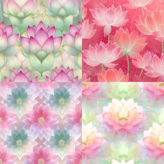 荷花花纹设计，透明背景，对称构图，细腻线条，粉白渐变色，水彩风格，高分辨率，柔和光晕，精致细节，优雅清新，花瓣纹理，自然过渡，浅绿点缀，矢量风格，无缝衔接，简约高雅，平面设计，透明图层，精准对称