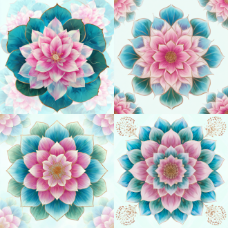 荷花主题花纹设计，透明背景，浅粉与绿色调，对称布局，细腻笔触，优雅简洁，高分辨率，清新自然，透明层次感，和谐配色，中心对称，柔和光线，平面设计风格，无阴影，精致细节，平衡构图，轻盈质感，清新色调，简约美学，高度对称。