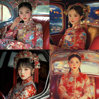 民国少女，着民国小姐衣服，坐在新能源车里