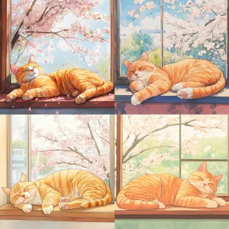 卡通风格的橘猫，趴在窗台上晒太阳，背景是樱花树，日系水彩画风