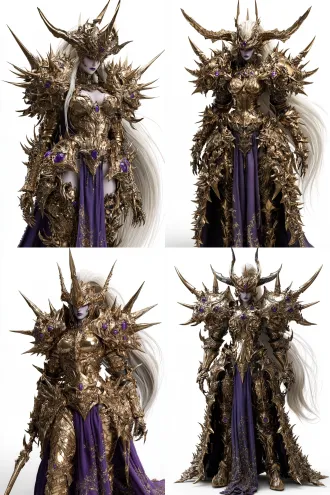 full body photo of a female demon lord collectible resin statue, polished glossy golden heavy spiky armor, intricate gothic carved metal details, embedded amethyst purple gemstones, long flowing white ponytail, purple silk robe with gold embroidery hanging on armor, sharp horned helmet, pale skin, dark purple lips, cold red eyes, weta workshop collectible figure, studio product photography, seamless pure white background, soft studio key light, clean rim light from back, precise physically correct gold metal reflection, subtle tiny micro scratches on metal surface, subsurface scattering, ultra sharp focus, 8k, hyper-detailed, octane render, shot on sony a7r iv, 100mm f/8 macro lens, shallow depth of field, smooth texture, hard surface sculpt