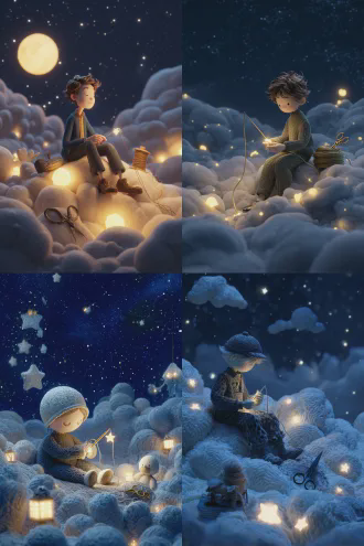 album cover art for 'starlight tailor.' a whimsical and imaginative 3d scene. a gentle child figure sits on soft clouds at night, acting as a tailor of the sky. he holds a glowing needle, and a long thread made of pure moonlight is mending a huge tear in the dark starry sky. a pair of silver scissors rests nearby. their pockets glimmer brightly from the collected moonlight. soft, magical creature glowing lights. dreamlike, healing atmosphere. pixar style, high quality, 8k.