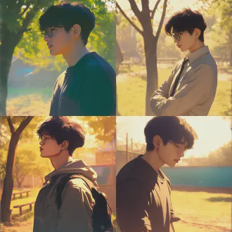 “动漫风格，侧脸男生，上半身，学校公园背景，阳光柔和，线条干净，低饱和度色调，1:1比例”