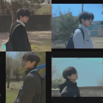 “动漫风格，侧脸男生，上半身，学校公园背景，阳光柔和，线条干净，低饱和度色调，面带笑容，1:1比例”