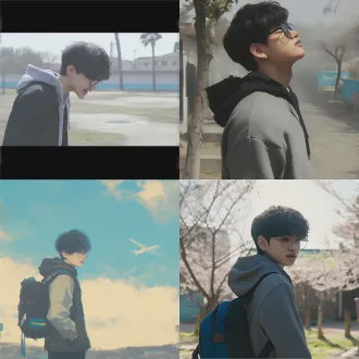 “动漫速写风格，侧脸阳光男孩，上半身，身穿灰色连帽卫衣，黑色头发微分碎盖，学校公园背景，阳光柔和，线条干净，高对比度，1:1比例”