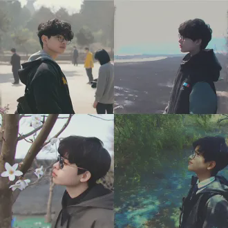 “动漫速写风格，侧脸少年感阳光男孩，上半身，身穿灰色连帽卫衣，黑色头发微分碎盖，灿烂微笑，学校公园背景，阳光明亮，线条干净，1:1比例”