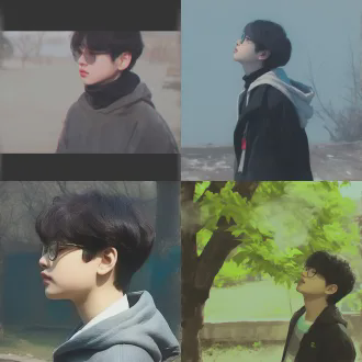 “动漫速写风格，侧脸少年感阳光男孩，上半身，身穿灰色连帽卫衣，黑色头发微分碎盖，男孩开心微笑，学校公园背景，阳光柔和，线条干净，1:1比例”