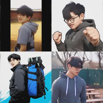 “速写风格，线条粗扩，色块分明，减少细节，侧脸少年感阳光男孩，上半身，身穿灰色连帽卫衣，黑色头发微分碎盖，男孩开心微笑，学校公园背景，阳光柔和，线条干净，1:1比例”