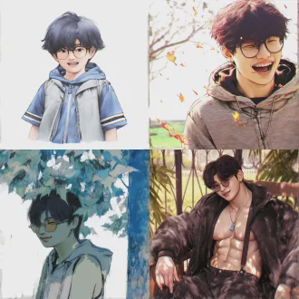 “速写风格，韩系侧脸少年感阳光男孩，上半身，身穿灰色连帽卫衣，黑色头发微分碎盖，男孩开心微笑，学校公园背景，阳光柔和，线条干净，1:1比例”