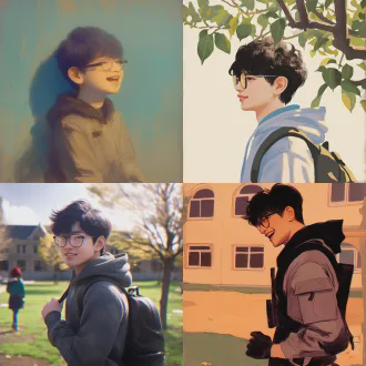 “速写风格，侧脸少年感阳光大学生，上半身，身穿灰色连帽卫衣，黑色头发微分碎盖，男孩开心微笑，校园干净背景，阳光柔和，线条干净，1:1比例”