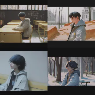 “速写风格，侧脸少年感阳光帅气大学生，上半身，身穿灰色连帽卫衣，黑色头发微分碎盖，男孩开心微笑，校园干净背景，阳光柔和，线条干净，1:1比例”