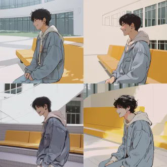 速写风格，侧脸少年感阳光帅气大学生，上半身，身穿灰色连帽卫衣，黑色头发微分碎盖，男孩开心微笑，校园干净背景，阳光柔和，线条干净，1:1比例