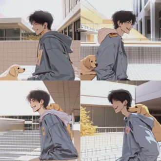 速写风格，侧脸少年感阳光帅气大学生，上半身，身穿灰色连帽卫衣，黑色头发微分碎盖，男孩开心微笑，校园干净背景，阳光柔和，线条干净，男孩肩膀上站着一只幼年小金毛犬，金毛面向镜头微笑，男孩衣服胸口插着一张教皇塔罗牌，1:1比例