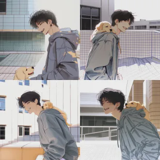 速写风格，侧脸少年感阳光帅气大学生，上半身，身穿灰色连帽卫衣，黑色头发微分碎盖，男孩开心眯眼微笑，校园干净背景，阳光柔和，线条干净，男孩肩膀上站着一只幼年小金毛犬，金毛面朝正面眯眼笑，1:1比例