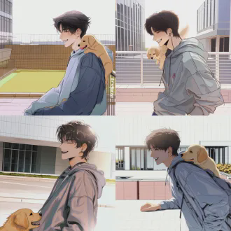 速写风格，侧脸少年感阳光帅气大学生，上半身，身穿灰色连帽卫衣，黑色头发微分碎盖，男孩开心眯眼微笑，校园干净背景，阳光柔和，线条干净，男孩肩膀上站着一只极幼年小金毛犬，金毛面朝正面眯眼笑，1:1比例