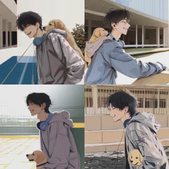 速写风格，侧脸少年感阳光帅气大学生，上半身，身穿灰色连帽卫衣，黑色头发微分碎盖，男孩开心眯眼微笑，脖子上挂着蓝色头戴式耳机，校园干净背景，阳光柔和，线条干净，男孩肩膀上爬着一只极幼年小金毛犬，金毛面朝正面眯眼笑，1:1比例