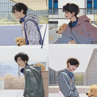 速写风格，侧脸少年感阳光帅气大学生，上半身，身穿灰色连帽卫衣，黑色头发微分碎盖，男孩开心眯眼微笑，脖子上挂着蓝色头戴式耳机，校园干净背景，阳光柔和，线条干净，男孩肩膀上爬着一只极幼年小金毛犬，金毛头面朝正面眯眼笑，1:1比例