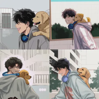 速写风格，侧脸少年感阳光帅气大学生，上半身，身穿灰色连帽卫衣，黑色头发微分碎盖，男孩开心眯眼微笑，脖子上挂着蓝色头戴式耳机，校园干净背景，阳光柔和，线条干净，男孩肩膀上爬着一只极幼年小金毛犬，金毛头面朝正面眯眼笑，1:1比例