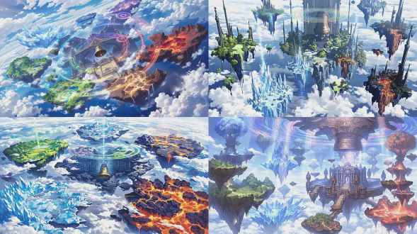 epic fantasy illustration, a panoramic view above a sea of clouds, scattered floating islands in the sky, each island embodies a distinct natural element: one with lush green vegetation, one made of glittering ice crystals, one with flowing lava rivers, soft divine light beams break through the clouds, in the center, a grand ancient stone temple with intricate carvings, inside hangs a massive bronze bell emitting visible, multi-colored harmonic sound waves in concentric circles, serene and majestic atmosphere, art by greg rutkowski and albert bierstadt, fantasy art, vibrant colors, wide screen 16:9, cinematic lighting