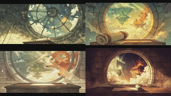 a medium shot inside a stone chamber of a sky temple. in the foreground, an ancient wooden writing desk holds a wax-sealed scroll. a large, circular window framed by stone takes up the center background, offering a clear view of majestic floating islands (one green, one icy, one fiery) drifting in a golden-hour sky filled with clouds. a beam of warm light illuminates dust particles in the air. mood: serene, sacred, and filled with quiet anticipation. fantasy art style, soft textures.