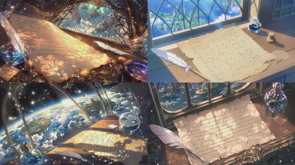 a close-up top-down view of an ancient, slightly yellowed parchment letter on a wooden desk in a celestial study. the parchment is covered in elegant, glowing cursive script. a white quill pen lies beside it, its tip still faintly shimmering. in the background, a large arched window reveals a breathtaking view of floating elemental islands above a sea of clouds, with soft sunlight streaming in. a crystal vial of iridescent ink and a wax seal stamp sit nearby. style: detailed fantasy illustration, warm ambient lighting, shallow depth of field, focus on the letter.