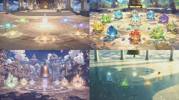 a serene scene in the central sky temple's open-air courtyard. soft, multi-colored harmonic waves gently emanate from the ground, forming a faint, glowing circular pattern on the stone floor. in the center of the circle, a delicate, translucent crystal hover, symbolizing the core of sharing. around it, several small, distinct orbs of light float, each glowing with a different elemental hue (gentle green, cool blue, warm amber), slowly moving closer to the center. the grand harmonic bronze bell is visible in the background, softly resonating. breathtaking view of elemental islands in the sea of clouds outside the temple pillars. style: fantasy illustration, warm and inviting atmosphere, soft light, by james gurney.