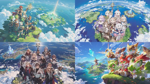 a group of diverse, elegant elemental sprites (with features hinting at plant, crystal, and fire) stand together on the edge of a lush, floating island. they are looking intently into the distance, one holding up a mystical compass-like device that glows and points a beam of golden light towards a distant island. on that faraway island, a radiant crystalline fragment shimmers brightly. the harmonic bronze bell in the central temple emits a soft pulse of light in the background, connecting the scene. breathtaking view of the sea of clouds and other islands. style: dynamic fantasy illustration, sense of adventure and discovery, focused composition.