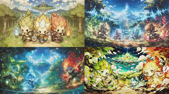 medium shot of three elemental sprites on a path in a magical forest. one sprite with leaf-like hair holds the glowing compass device, another with crystalline skin points ahead, a third with fiery hair looks determined. they are poised for action, looking towards a path that leads to a majestic, distant floating island where a light shines. the harmonic sound waves from the central temple ripple through the sky, guiding the way. style: fantasy adventure art, vibrant colors, immersive perspective, by studio ghibli.