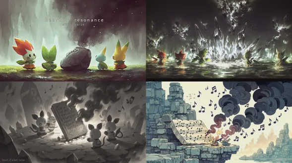 a tense moment on a floating island of crystalline structures. a small team of elemental sprites (one with fiery hair, one with leafy wings, one with watery form) cautiously approach a large, glowing stone fragment on the ground, inscribed with faint musical notations. the fragment is the shattered "heart of resonance". however, dark, smoky, static-like tendrils of "silent noise" are crawling over it, corrupting the light and creating a zone of visual distortion and silence around it. the sprites react with alarm and determination, backlit by the ominous glow. the harmonic waves in the sky are faint and fractured. style: dramatic fantasy illustration, high contrast, sense of urgency and corruption, art by greg rutkowski.