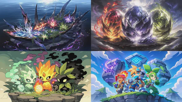 medium shot, a team of three distinct elemental sprites in a defensive stance. they are on a rocky outcrop of a floating island. the sprite with crystalline skin emits a soft light to illuminate the scene, revealing the corrupted石板碎片. the fiery sprite’s flames flicker cautiously, while the plant sprite’s vines are poised. the fragment itself is half-buried, with beautiful glowing patterns on one side being overtaken by jagged, black crack-like energies that seem to absorb sound and light. faint, sickly purple waves emanate from it. the sky shows the silent, stalled harmonic waves. style: fantasy concept art, detailed, atmospheric, focused on the characters' reaction and the corrupted artifact.