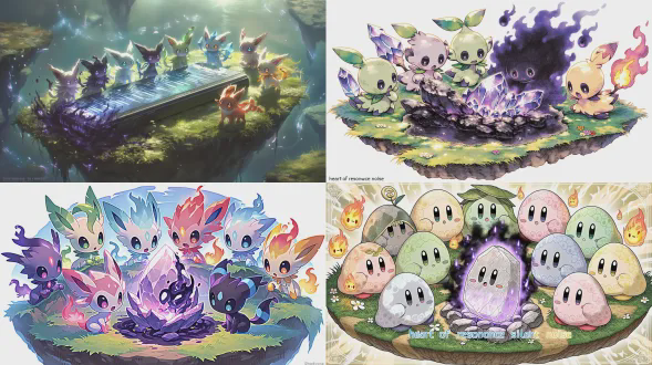 a serene yet tense scene on a lush, floating elemental island. a small team of diverse elemental sprites (with delicate features of leaf, crystal, and flame) cautiously gather around a discovery. in a soft patch of glowing moss lies a large, beautiful fragment of the "heart of resonance" stone, its surface etched with intricate, luminous grooves like a frozen melody. however, creeping from its cracks are dark, smoky tendrils of "silent noise" that emit a sickly purple-black glow, warping the light and life around it, creating a small patch of deadened, colorless grass. the sprites react with a mix of wonder and alarm, backlit by the eerie dual light. the harmonic waves in the distant sky are faint. style: detailed fantasy illustration, ethereal and slightly melancholic, art by james gurney, focus on the contrast between the fragment's innate beauty and the corrupting energy.