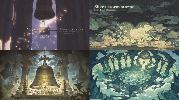 epic fantasy illustration, a wide shot inside the grand central sky temple. an immense, invisible "silent storm" is visualized as a powerful, concentric shockwave of distorted air and muted colors, striking the core of the harmonic bell. the "heart of resonance" stone slab, glowing with intricate patterns, is at the precise moment of shattering into luminous fragments. the great bronze bell hangs motionless and silent above. through the temple arches, the elemental islands in the sea of clouds are seen, serene yet untouched by physical damage. the atmosphere is one of sudden, profound stillness. art by greg rutkowski, dramatic lighting, ethereal disaster, muted palette with a focus on the glowing fragments.