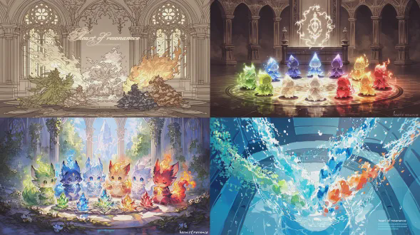 a serene, sacred scene inside the central sky temple. the collected glowing fragments of the "heart of resonance" stone are arranged in a circle on the floor. the elemental sprites (with traits of plant, water, crystal, and fire) stand around it, each channeling a gentle stream of their unique elemental energy (green vines, blue water, clear light, amber flame) towards the fragments. where the energies converge above the fragments, intricate, glowing script – the lost密语 – is slowly materializing in the air, line by line, as if being rewritten by an invisible hand. soft harmonic waves begin to gently pulse from the reassembling core. style: fantasy illustration, focused and collaborative, magical light, sense of quiet triumph and concentration, art by ciruelo.