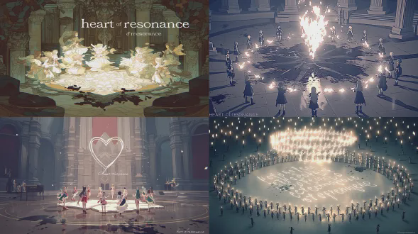 serene and sacred fantasy scene inside the central temple. the collected fragments of the “heart of resonance” stone are arranged in a circle, forming a near-complete slab on the floor, though dark veins of corruption still mar its surface. the elemental sprites stand in a circle around it, their hands extended, releasing a confluence of elemental energies that merge into a pillar of white-gold light above the stone. from this light, the complete, luminous密语 script is being reconstructed in the air above the slab, mirroring the original pattern. soft harmonic waves emanate from the stone. art by ciruelo, luminous, collaborative ritual, majestic