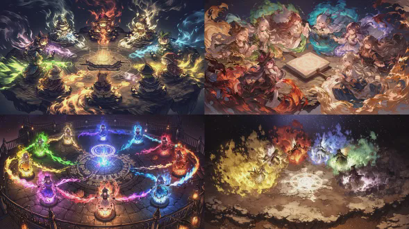 广角全景，浮空岛屿空中圣殿露台上，八位元素精灵（金木水火土风光暗）围成一圈，身着元素风格服饰，神情专注庄严，手牵手施法，彩色柔和能量流汇聚中心石板，形成立体发光符文矩阵，背景瑰丽星空，史诗奇幻唯美风格，动态光影，色彩丰富和谐，充满魔法气息，庄严团结。