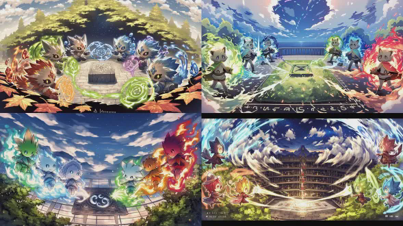 史诗奇幻风格，八位拟人化元素精灵围成圆圈，位于浮空岛屿圣殿露台上，手牵手施法，将柔和彩色能量流汇聚至中心方形石板，交织成立体发光符文矩阵，黄昏云海与瑰丽星空背景，动态光影，色彩丰富和谐，庄严团结充满魔力，广角全景镜头，柔焦效果，高细节渲染，仪式感构图，柔和侧光，魔法粒子特效，唯美氛围，