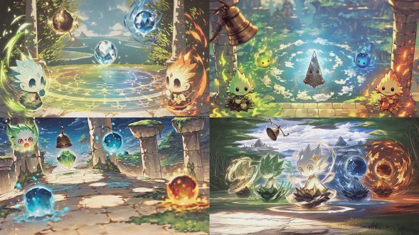 天空圣殿露天庭院宁静场景，柔光暖色调，地面散发柔和多色谐波光纹，石面形成发光圆形图案。中央悬浮半透明水晶，象征分享核心，周围飘浮绿色蓝色琥珀色元素光球缓慢靠近。背景青铜谐波钟轻鸣，石柱外可见云海元素岛屿。奇幻插画风格，詹姆斯·格尼风格，广角镜头，景深，柔焦，环境光，空灵氛围。