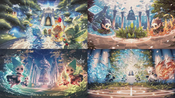 中景镜头，奇幻唯美的谐律圣殿内部，几位拥有水流、火焰、绿叶、微光元素的精灵从不同方向聚集致意，宏伟殿堂，发光符文地面，高大廊柱，远处可见巨大沉寂的钟，柔和的魔法光晕充满空间，奇幻唯美风格，高细节，柔焦，电影感光照，柔和蓝、金、白与淡彩元素色，氛围宁静、神圣、专注，略带期待感，广角镜头，环境光，正面光，柔光，神圣仪式，聚集，致意，发光的符文，廊柱，沉寂的钟，魔法光晕，柔和的色彩，宁静神圣专注期待的情绪。