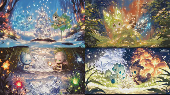 元素精灵云端露台小憩，放松姿态倚靠发光晶簇，轻触发光花草，微笑交谈，漂浮着温和光点与花叶水珠，温暖柔和光线，宁静治愈氛围，高细节幻想艺术，广角镜头，柔焦，逆光，浅景深，漂浮元素，发光粒子，柔和高饱和色彩，宁静喜悦。