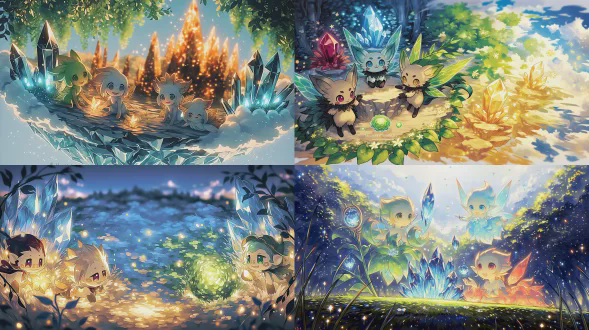 几位元素精灵在云端露台小憩，倚靠发光晶簇，轻触发光花草，面带微笑交谈，漂浮着温和光点与花叶，温暖柔和光线，宁静治愈氛围，奇幻风格，全景构图，柔焦，逆光，环境光，浅景深，漂浮元素，柔和的蓝绿色调，宁静喜悦。